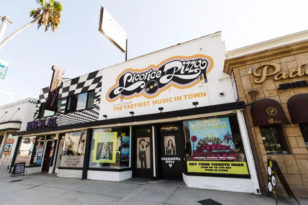 The checkerboard facade of Licorice Pizza Records on Ventura Boulevard