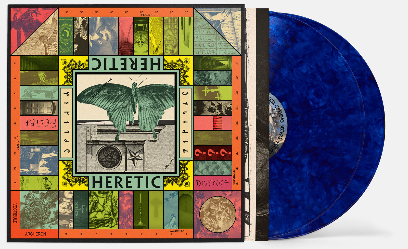 Heretic soundtrack — front cover with the printed inner sleeves and colored vinyl fanned out.