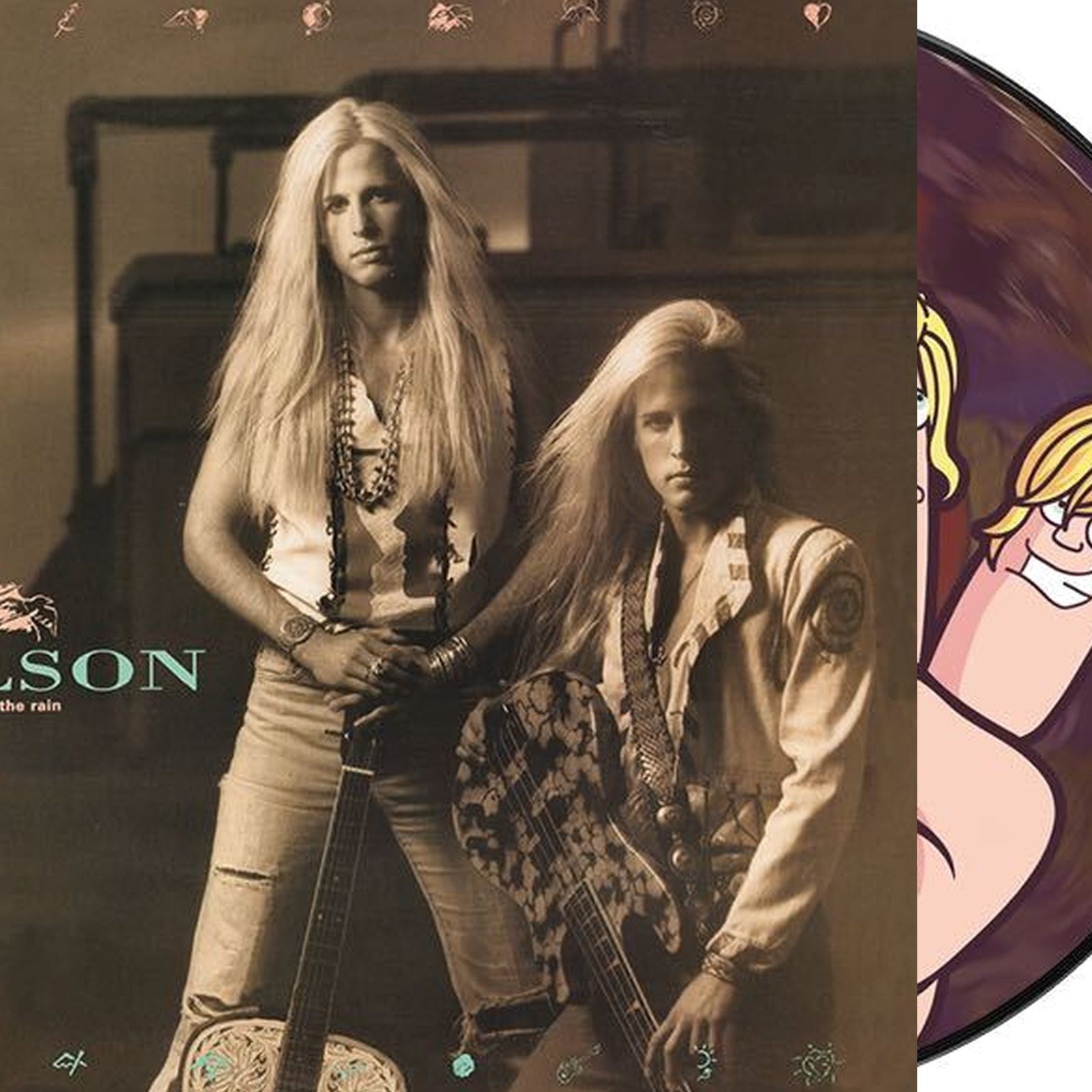 Nelson — After the Rain. Sepia jacket with the band portrait, beside the full-color illustrated picture disc.
