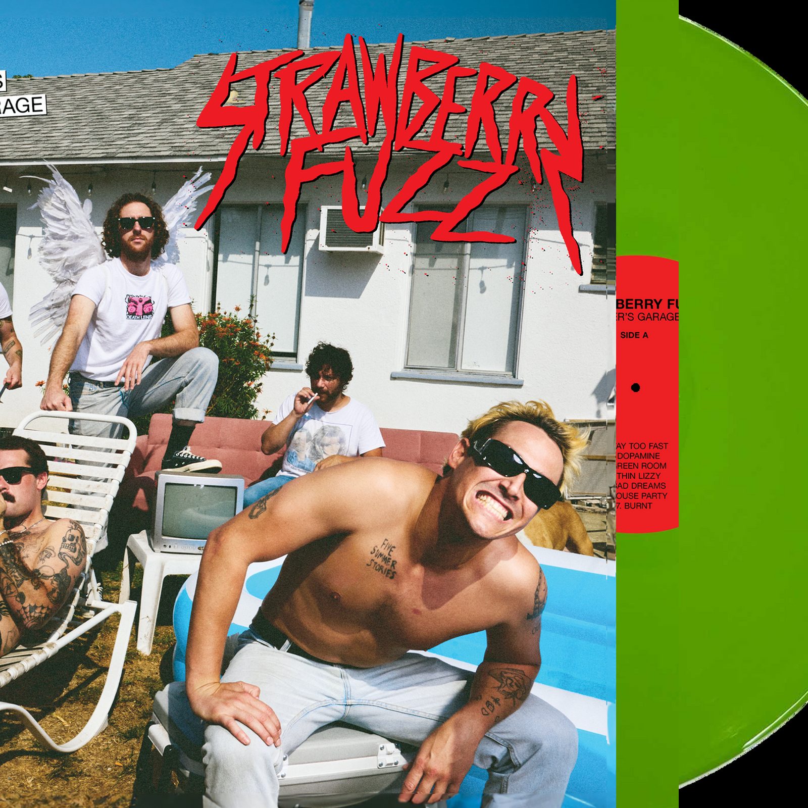 Strawberry Fuzz — Miller’s Garage. Jacket with the band shot beside a backyard pool, next to a lime green LP slipping out of its sleeve.